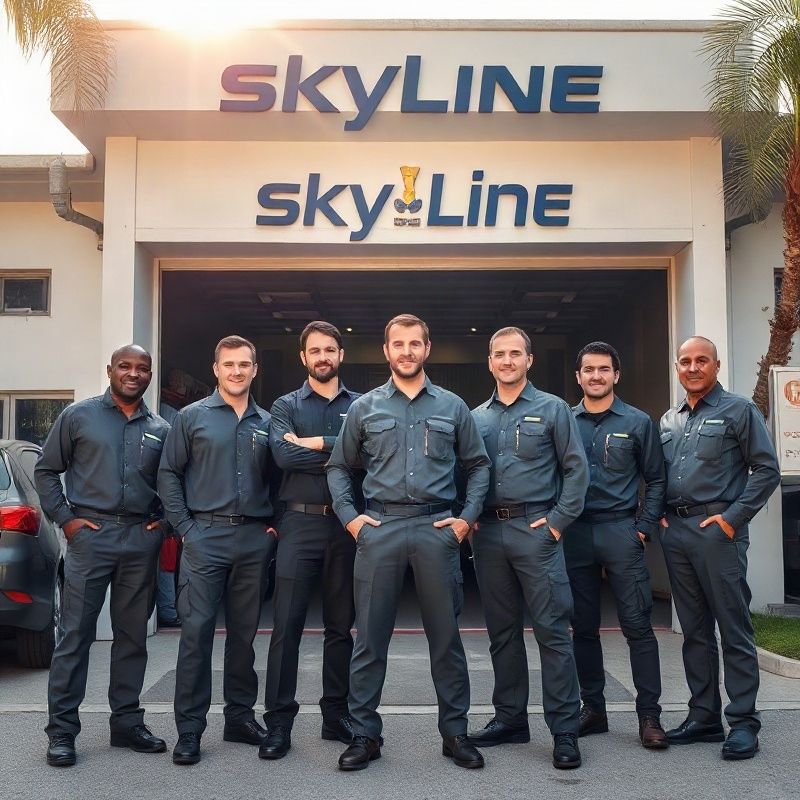 Equipe de sete técnicos da Skylineharbork em frente à oficina em Salvador